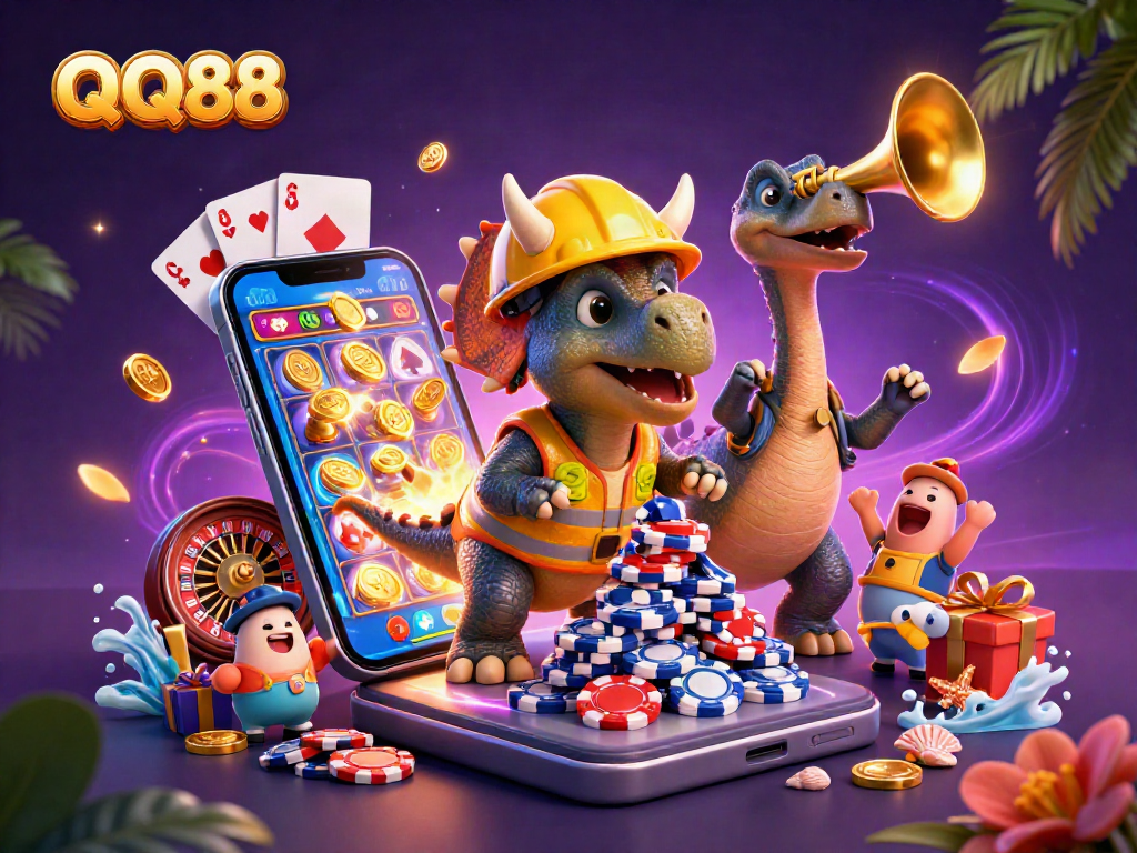 Celebrate with QQ88's exciting gaming elements in a vibrant, dynamic casino scene.