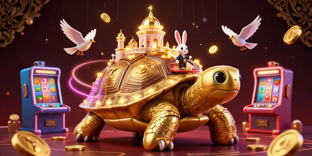 Experience the thrilling world of nohu gaming with a dynamic casino scene featuring a golden tortoise and a rabbit dealer.