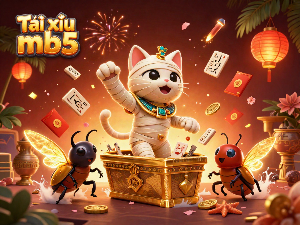 Engage with the dynamic world of Tài xỉu mb5 featuring an Egyptian mummy cat and gold coins in a vibrant casino.