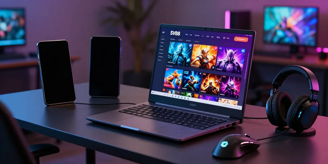 SV88 online gaming setup with a laptop displaying colorful game interface and gaming accessories.