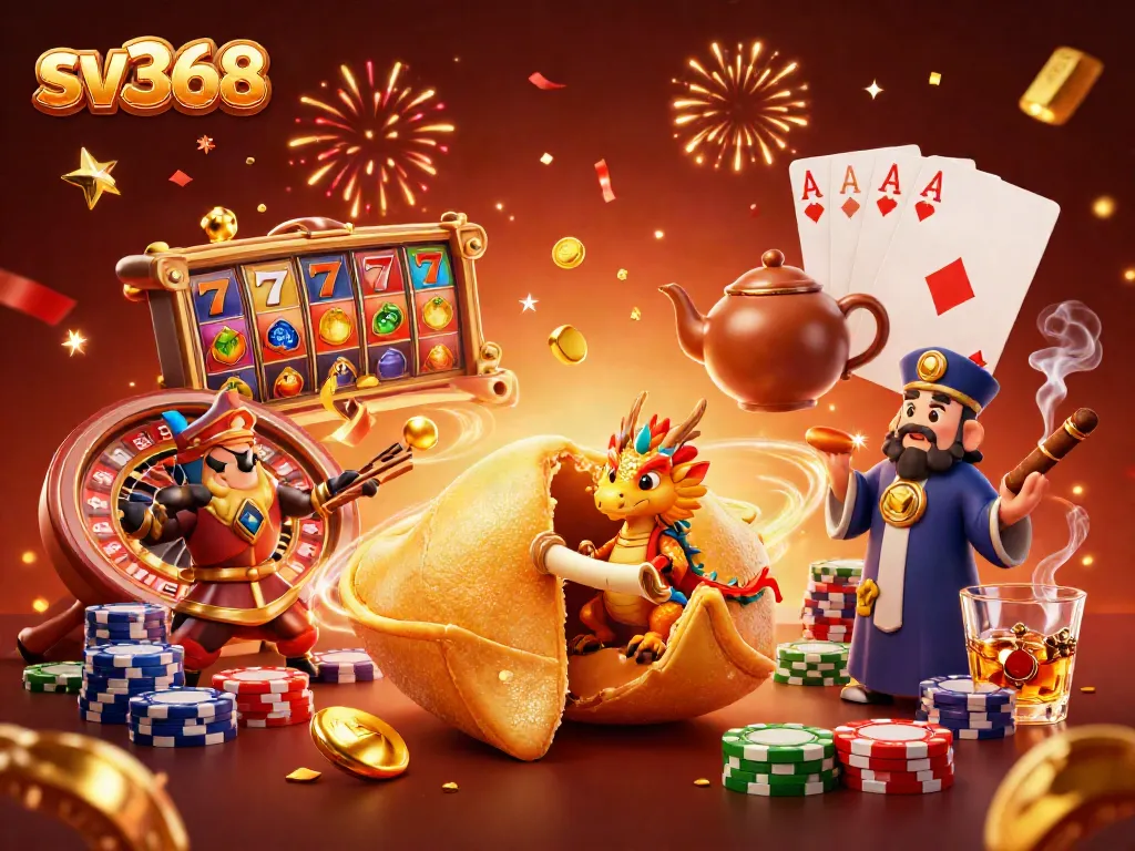 Experience exciting fortune games with sv368's giant cookie character and vibrant slot reels.