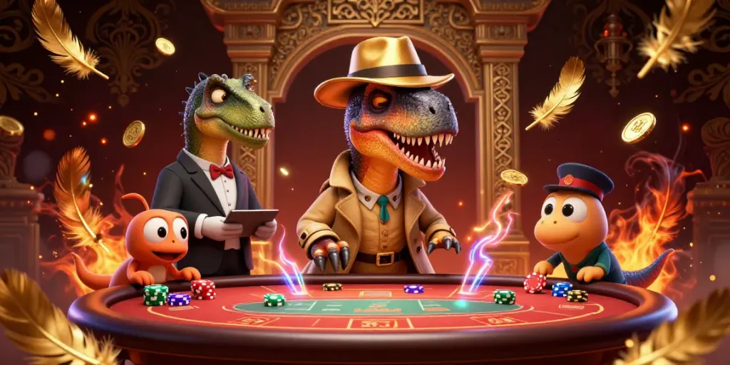33win velociraptor card counter trying to blend in at a blackjack table, with a stegosaurus pit boss.