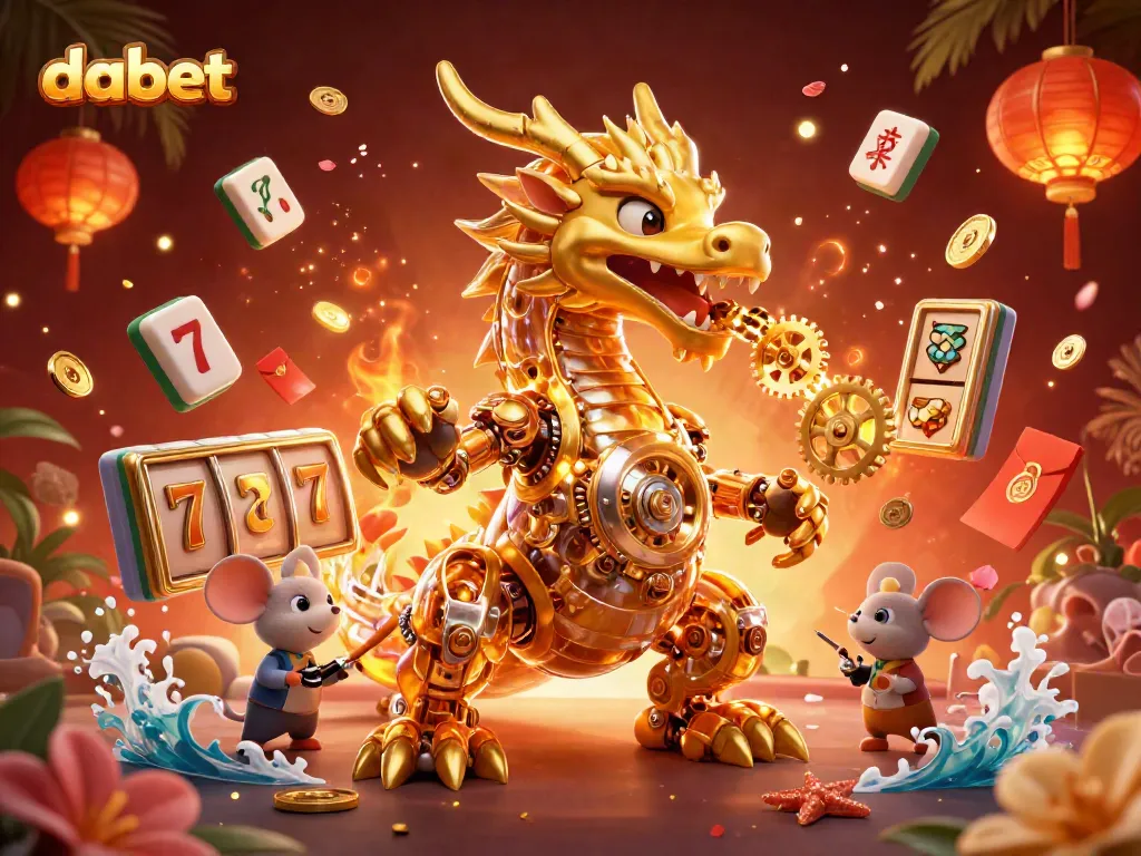Engage with dabet's thrilling slot experience represented by a golden dragon and charming elements.