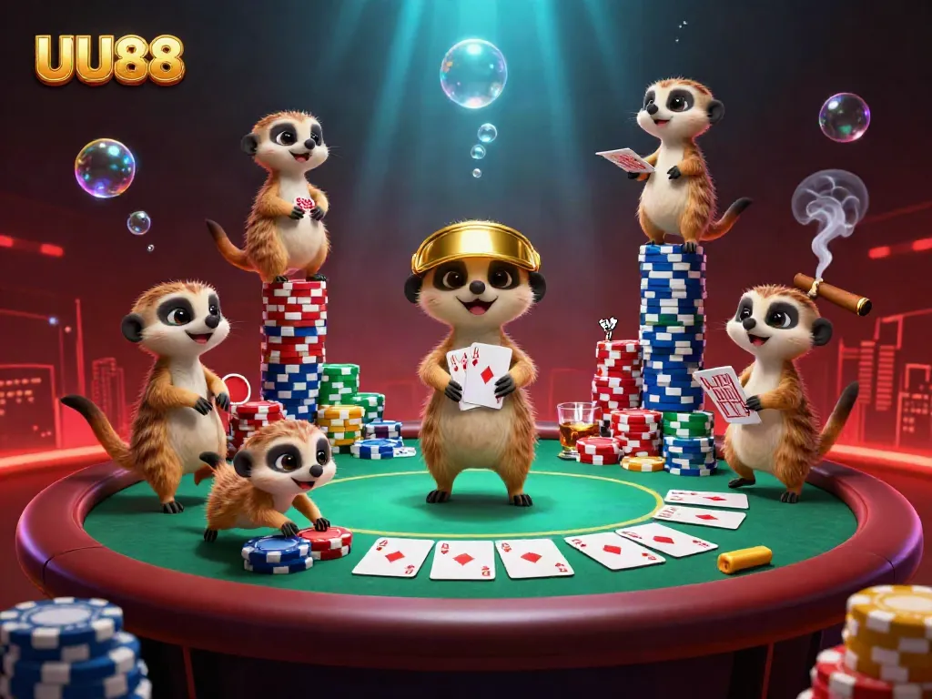 Experience exciting gaming at UU88 with playful meerkats in a vibrant casino scene.
