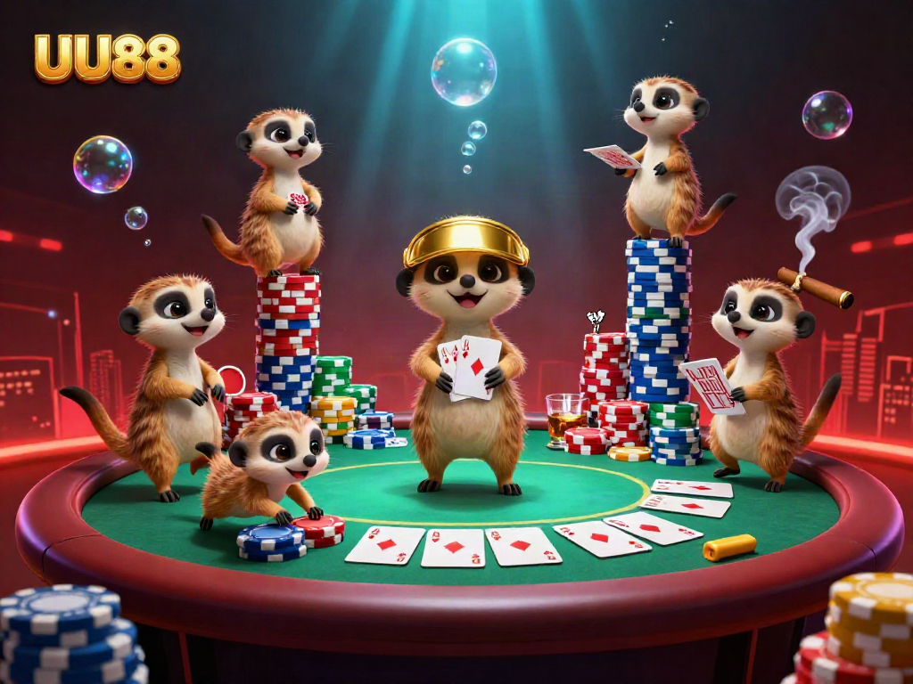 Experience exciting gaming at UU88 with playful meerkats in a vibrant casino scene.