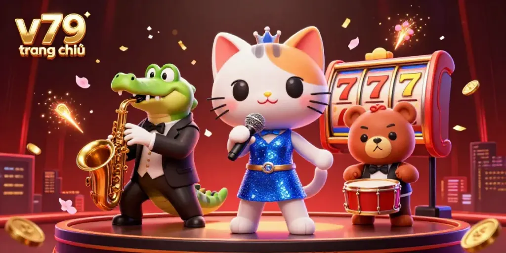 Experience the exciting atmosphere of the casino with v79 trang chủ showcasing vibrant gaming elements and 3D animated characters.