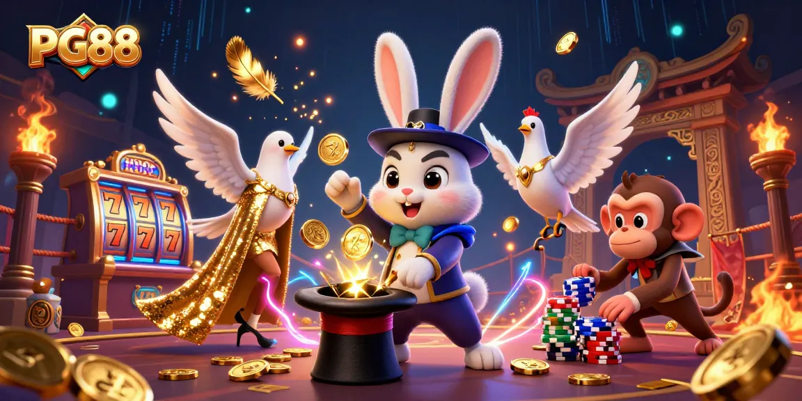 PG88 offers thrilling casino action featuring a magician rabbit, dove, and monkey amidst slots and tokens.