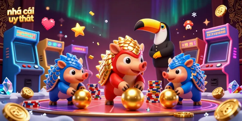 Engaging illustration of rival pangolins showcasing nhà cái uy tín with vibrant casino elements in action.