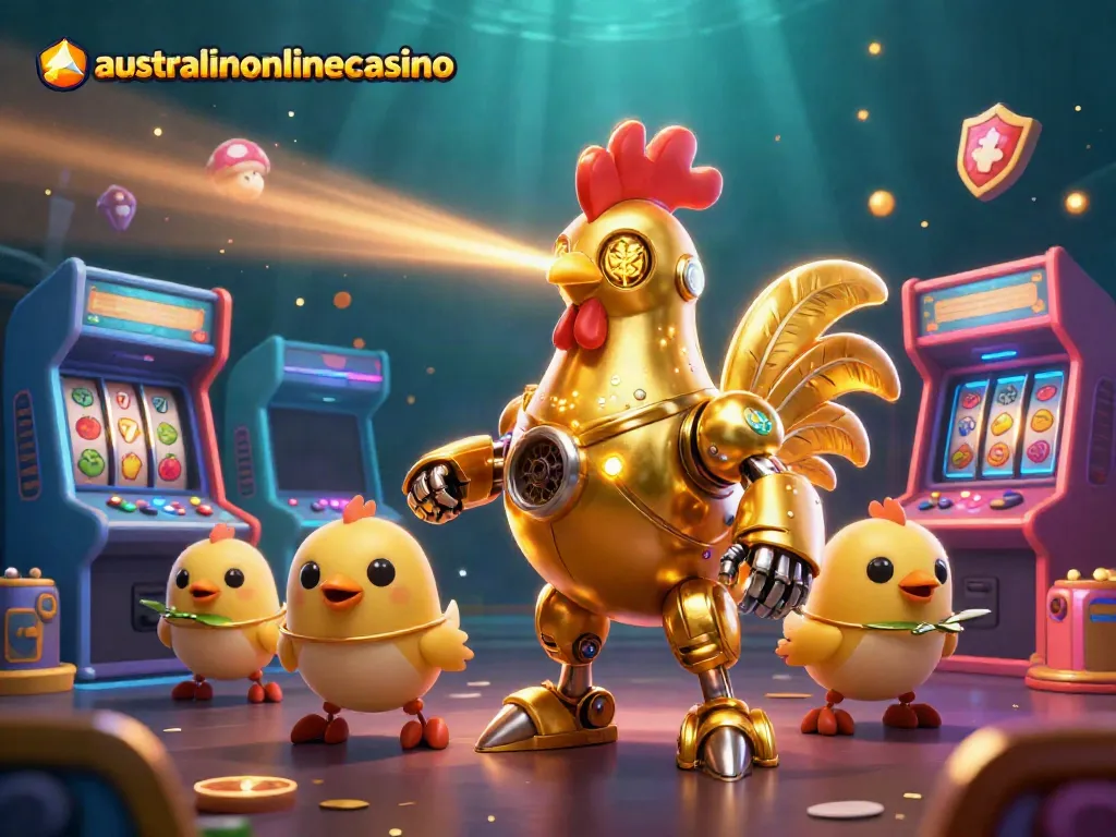 Engage in thrilling action at australianonlinecasino featuring a dynamic robotic scene with baby chick drones in a casino setting.