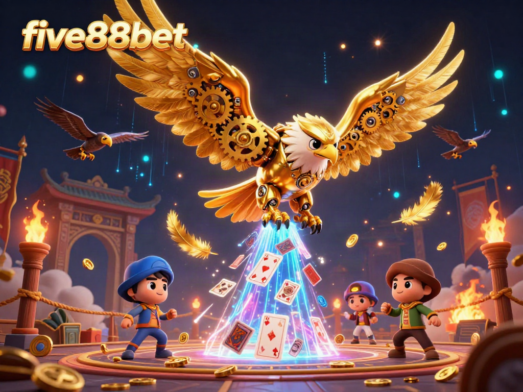 Experience dynamic gameplay at five88bet with a vivid 3D casino scene showcasing an eagle amidst holographic cards.