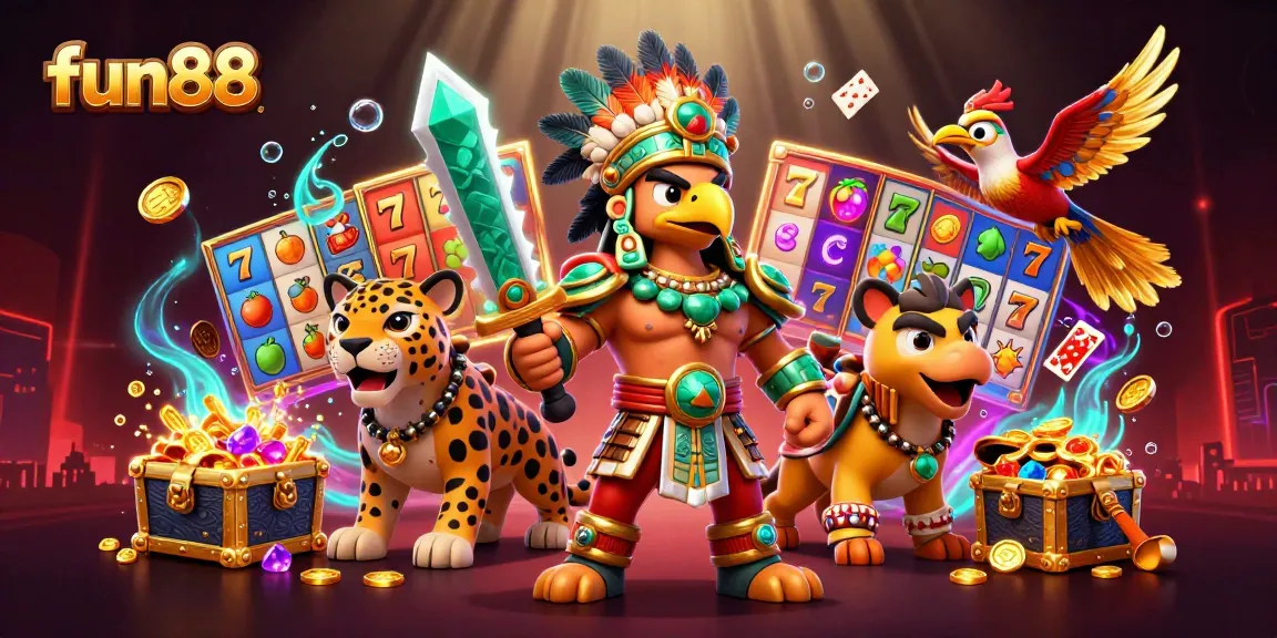 Engage in immersive fun88 gaming with colorful slot reels and Aztec warriors in a vibrant casino scene