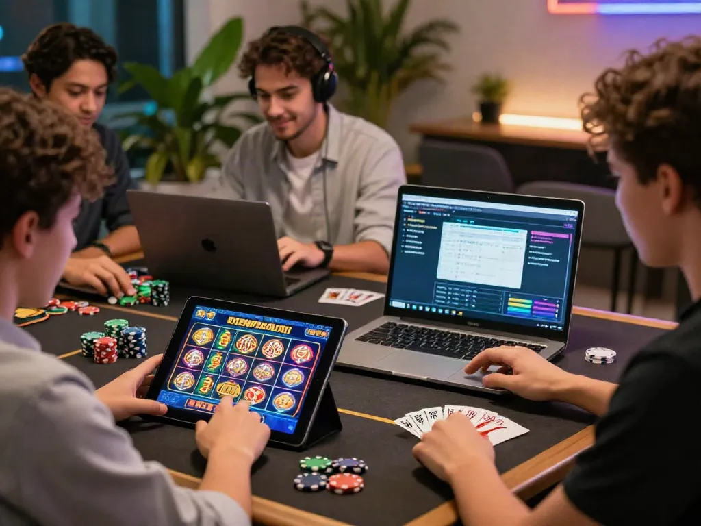 Diverse players engaging in a casino bonus sans depot experience on various devices in a vibrant virtual setting.