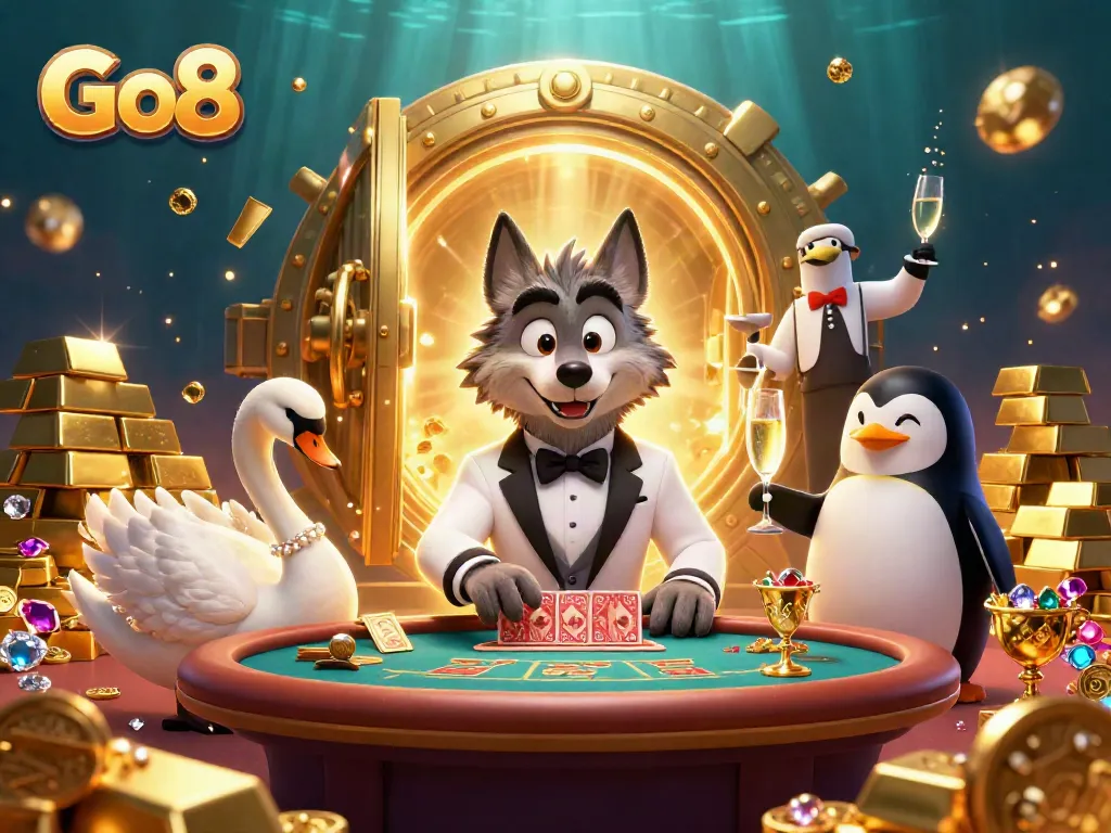 Engage with Go8 at a baccarat table in an ultra-detailed casino scene featuring rich treasures.