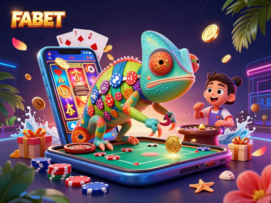 Experience thrilling gaming with FABET's vibrant chameleon mascot capturing golden coins in a lively casino scene.