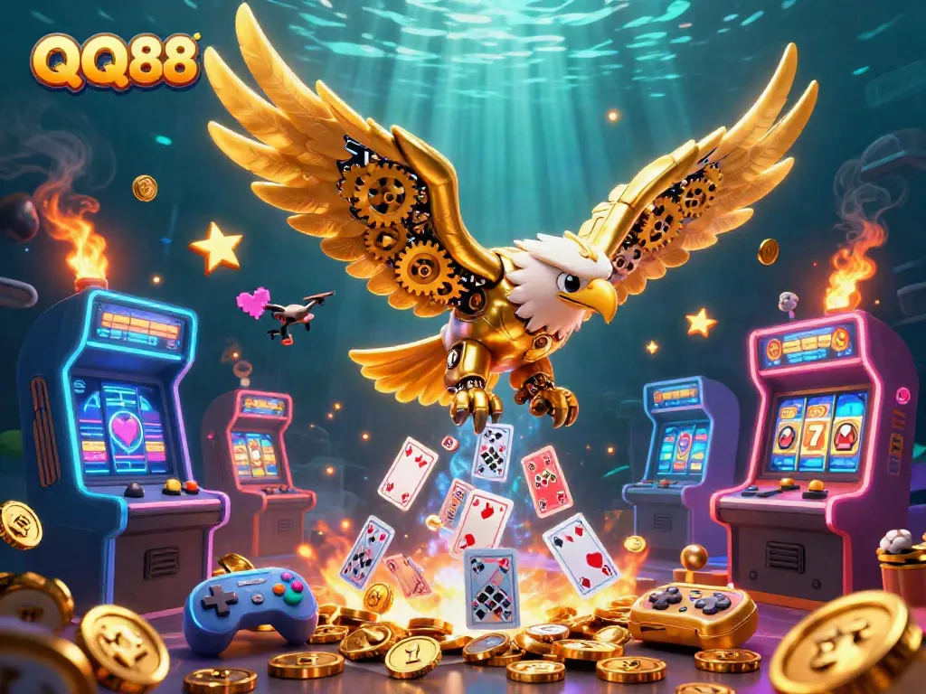 Engage with QQ88's dynamic 3D casino scene featuring a golden eagle amidst vivid arcade elements.