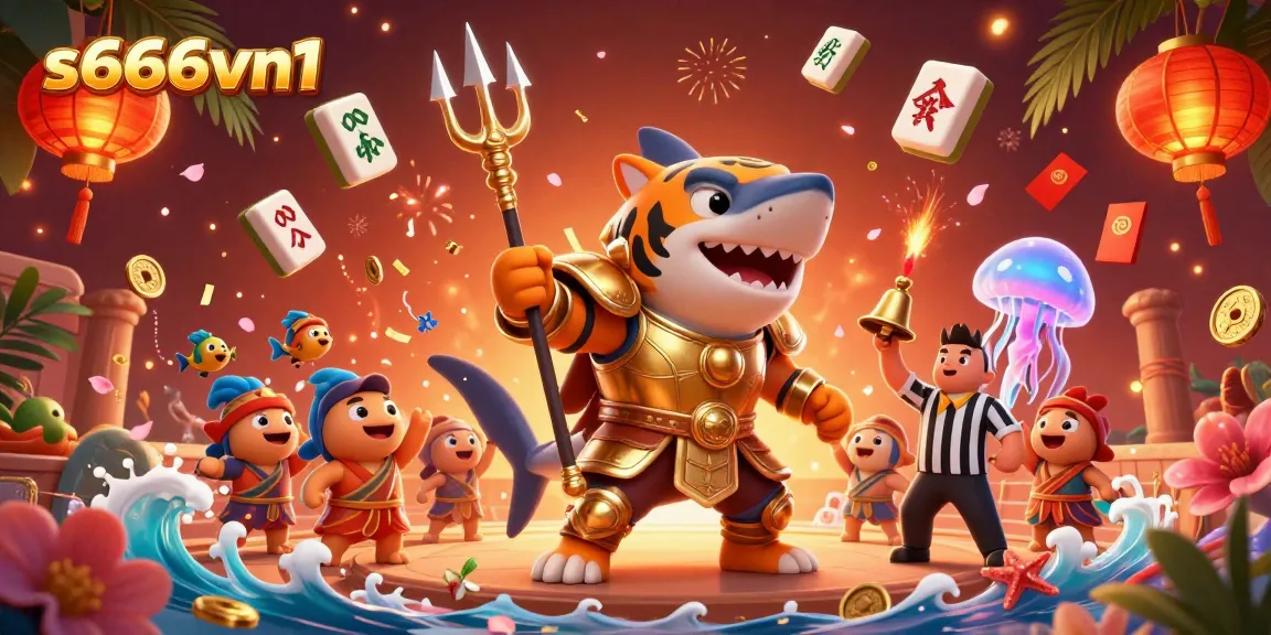 Experience great underwater excitement at s666vn1 featuring a tiger shark in armor with festive casino elements.