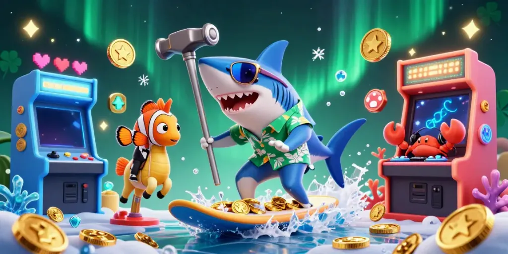 Experience the thrill of tỷ lệ nhà cái with a vibrant 3D illustration capturing a shark, clownfish, and crab DJ amidst gold coins.