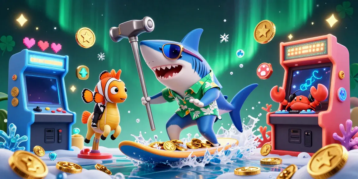 Experience the thrill of tỷ lệ nhà cái with a vibrant 3D illustration capturing a shark, clownfish, and crab DJ amidst gold coins.