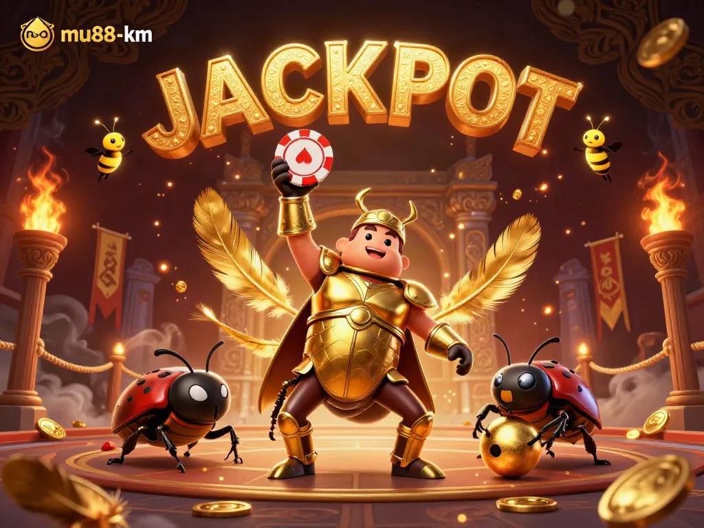Experience the excitement of mu88-km as a beetle hero lifts a poker chip in a vibrant casino scene.