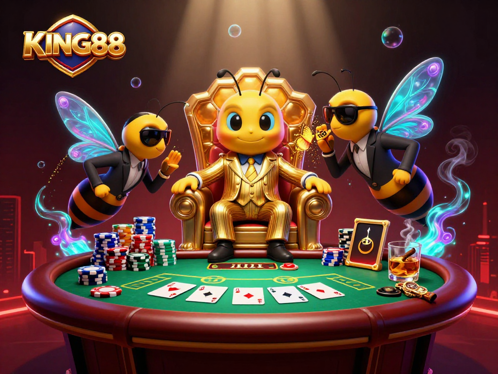 Experience the dynamic world of KING88 with 3D cartoon characters in a vibrant casino scene.