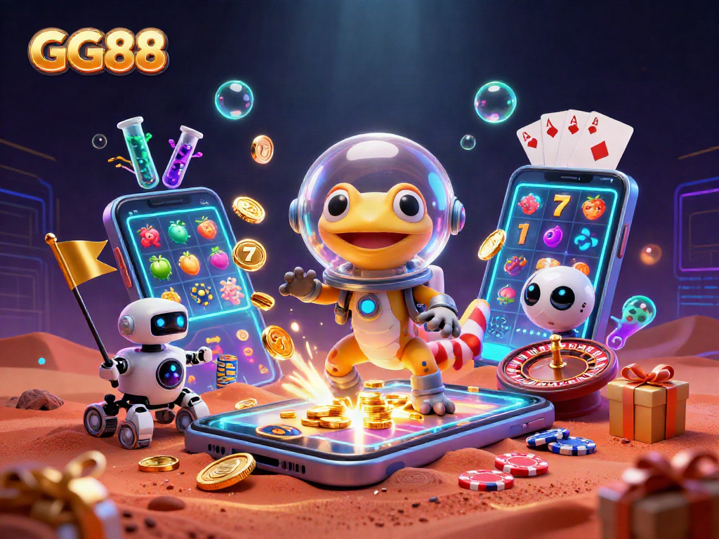 Spin to win with GG88 in a vibrant Martian casino adventure featuring a gecko and exciting gaming elements.