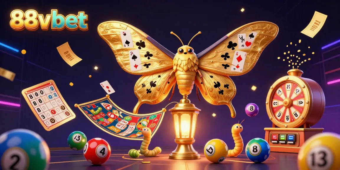 Engage with 88vbet's thrilling casino experience depicted through golden moths and vibrant lottery balls.