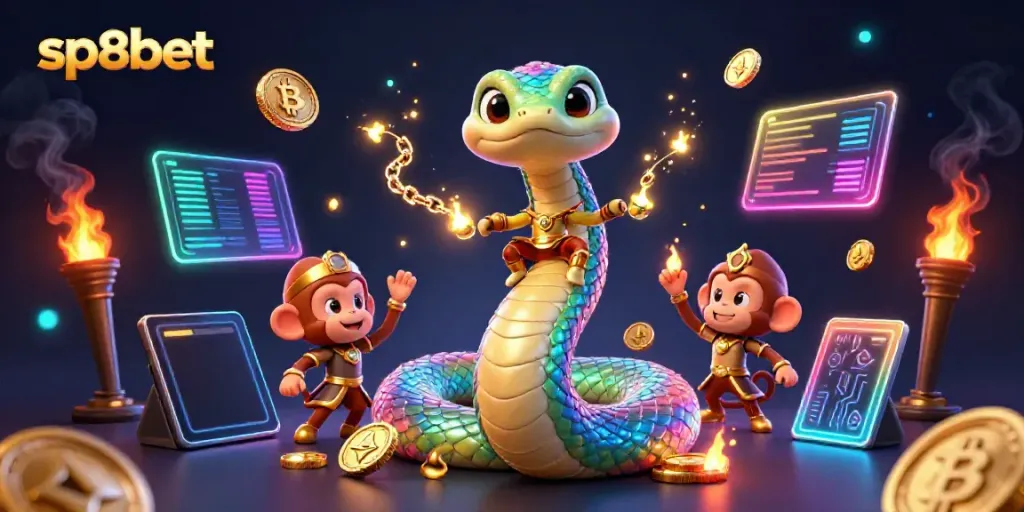 Experience thrilling games at sp8bet with a vibrant 3D casino-themed illustration showcasing excitement and innovation.