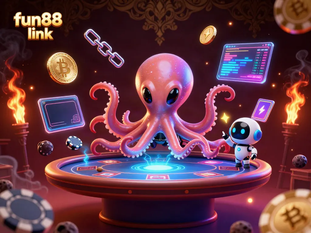 Engage with the fun88 link amidst a lively alien poker game featuring vibrant cryptocurrencies.