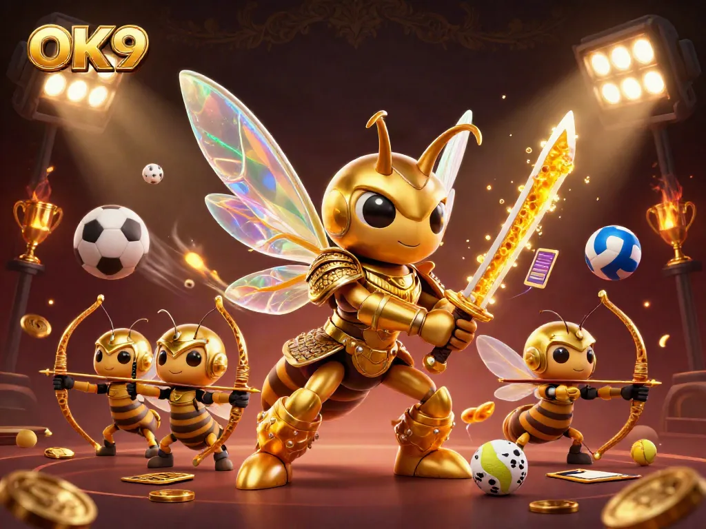 Engage in high-stakes betting action with OK9, showcasing golden samurai hornet and sports elements.