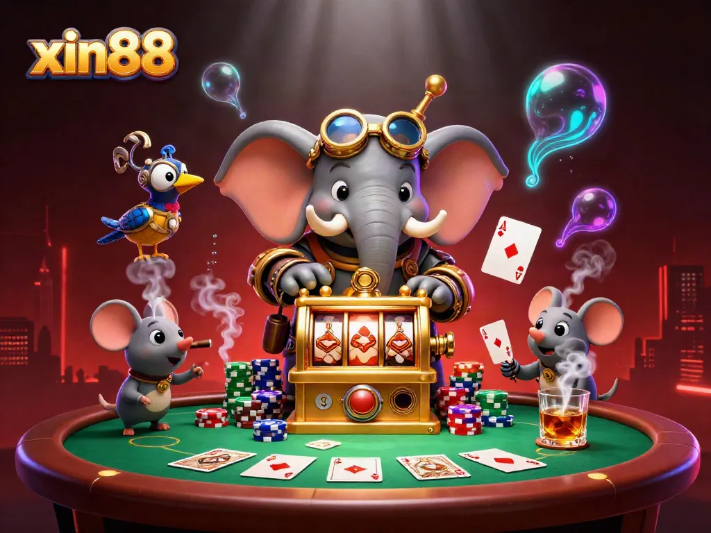 Experience excitement at xin88's vibrant gambling scene with a steampunk elephant engineer at a dynamic casino.