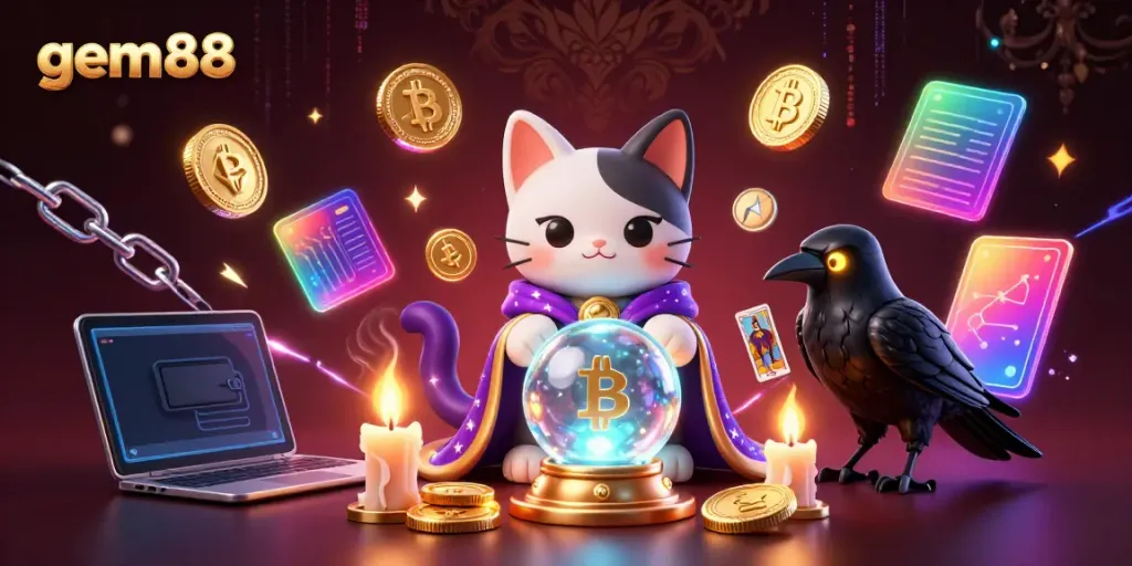 Experience exciting wins at gem88 with neon-lit characters and glowing cryptocurrency symbols.