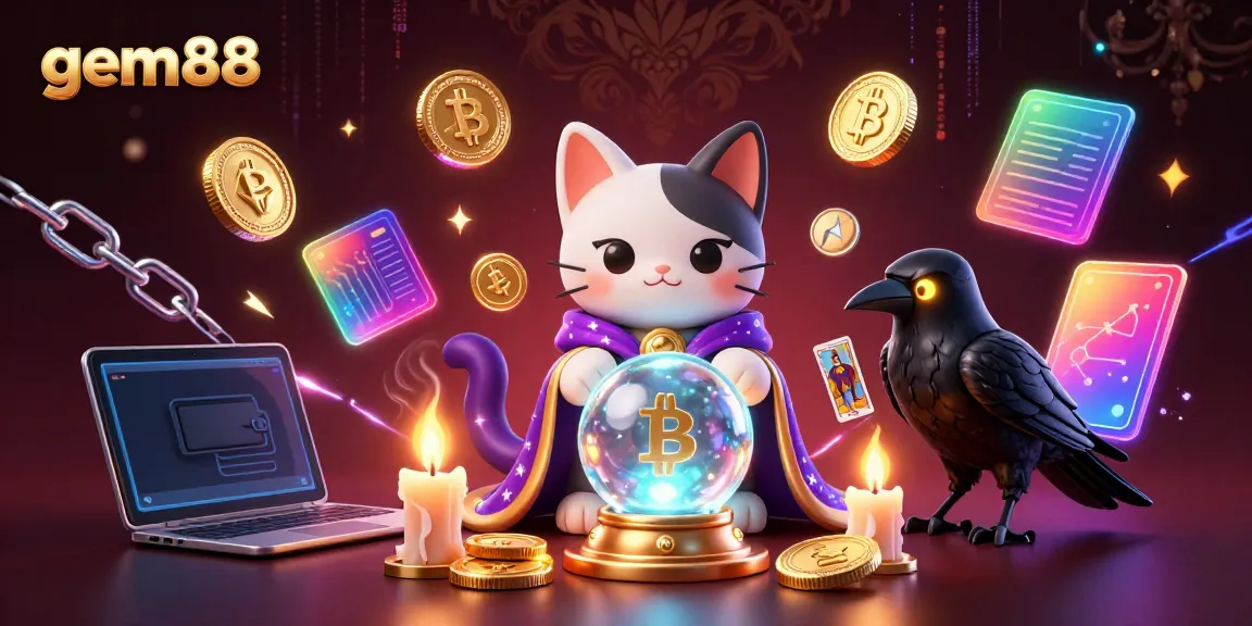 Experience exciting wins at gem88 with neon-lit characters and glowing cryptocurrency symbols.