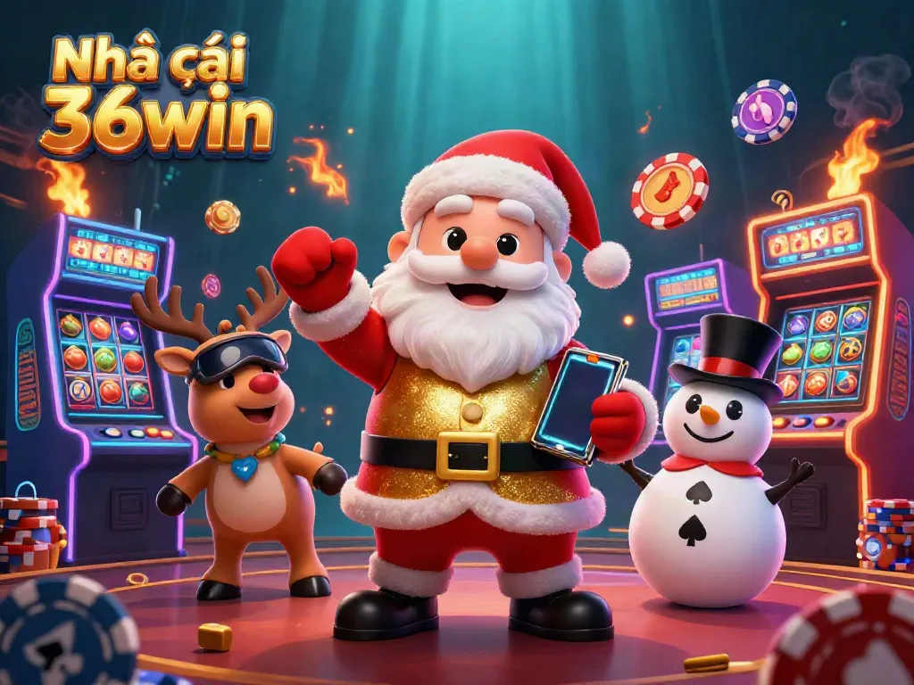 Experience the thrill at Nhà cái 36win with a festive casino setting and cartoon characters celebrating gaming.