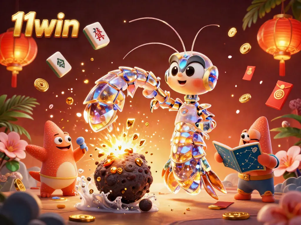 Engage in thrilling gameplay with 11win as vibrant gems and coins explode around cartoon characters in a casino-themed adventure.