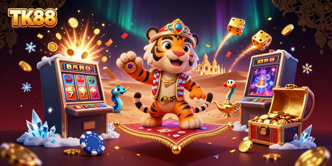 Experience adventure with TK88 as the tiger sultan rides a winning carpet amidst gold and casino excitement!