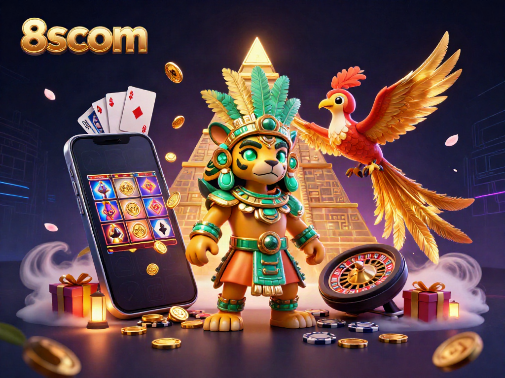 Engage with 8scom's vibrant 3D casino scene featuring colorful slot games and thrilling elements.