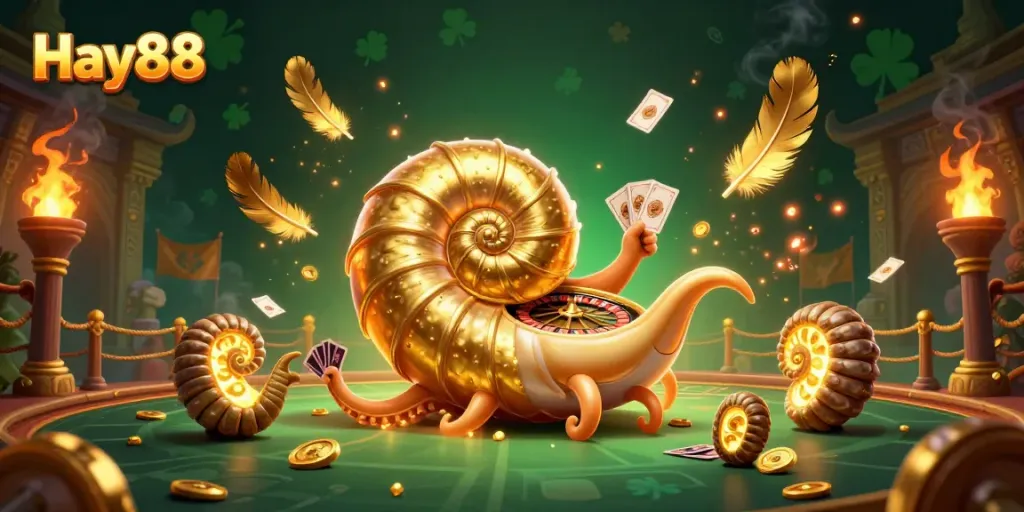 Experience the thrill of Hay88's vibrant casino ambiance with a giant nautilus roulette wheel and glowing ammonites.