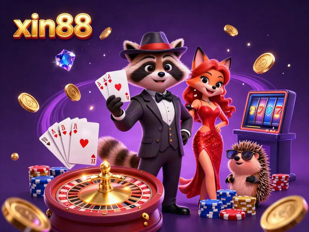 Experience the thrill of xin88 with raccoon dealer showcasing a royal flush in a vibrant casino scene.