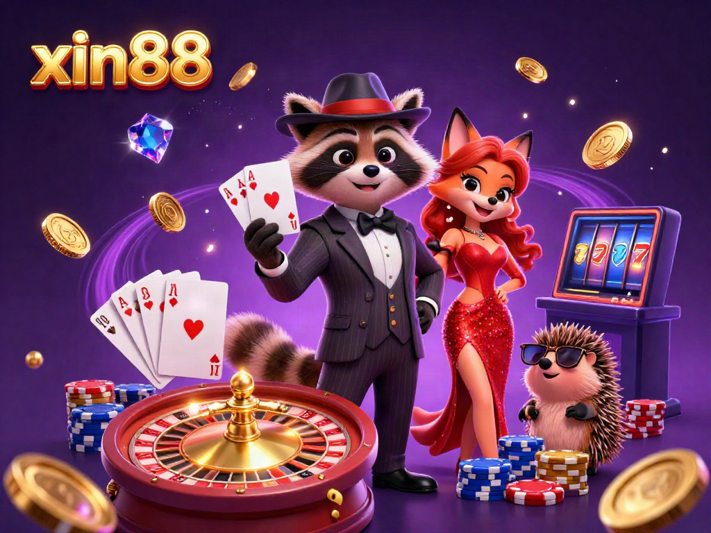 Experience the thrill of xin88 with raccoon dealer showcasing a royal flush in a vibrant casino scene.