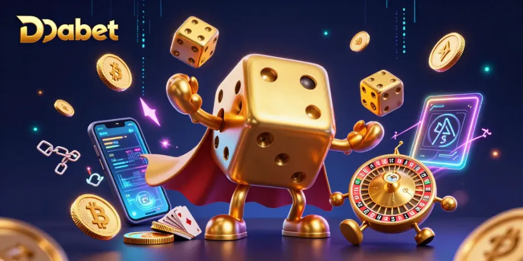 Dabet inspires thrilling gameplay with a vibrant digital casino scene featuring animated dice and crypto elements.
