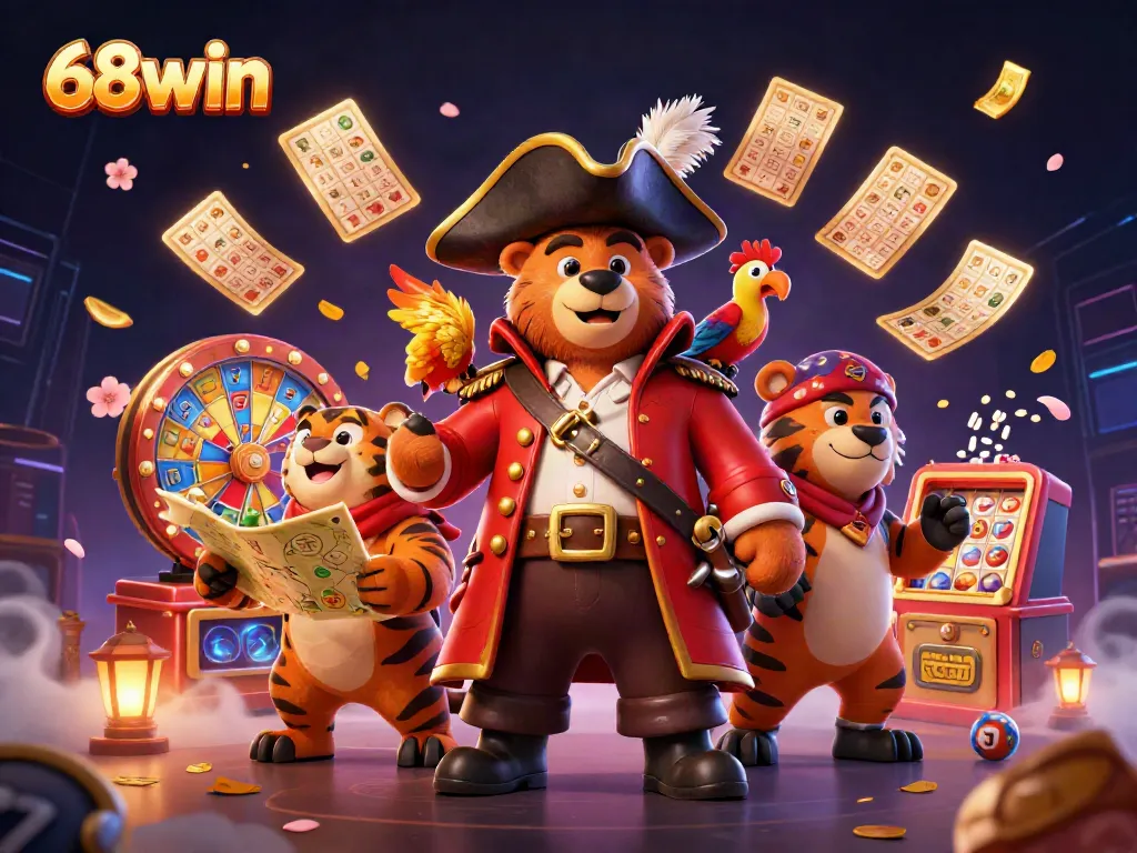 68win captures attention with its vibrant 3D pirate scene featuring lucky symbols from slots.
