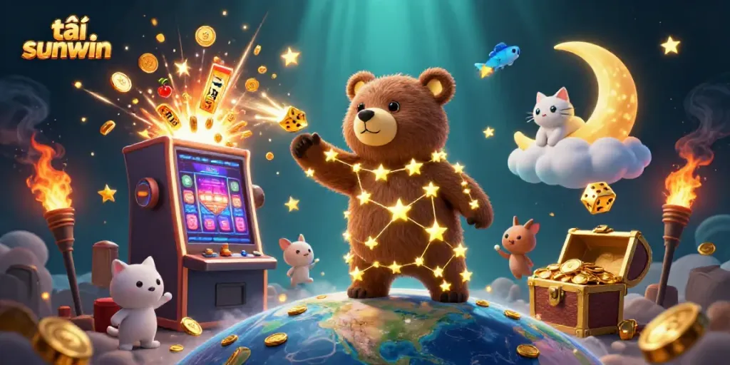 Engage in excitement with tải sunwin as a celestial bear collects coins amid a vibrant casino scene.