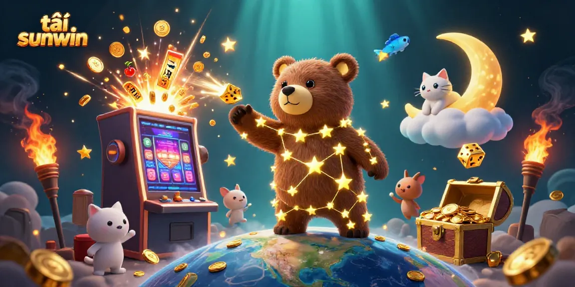 Engage in excitement with tải sunwin as a celestial bear collects coins amid a vibrant casino scene.