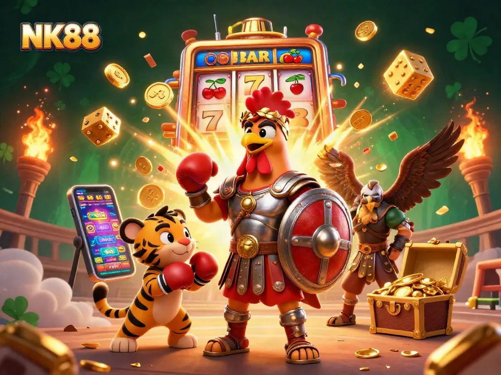 NK88 cartoon casino illustration depicting a gladiator rooster amid jackpot excitement and dynamic game elements.