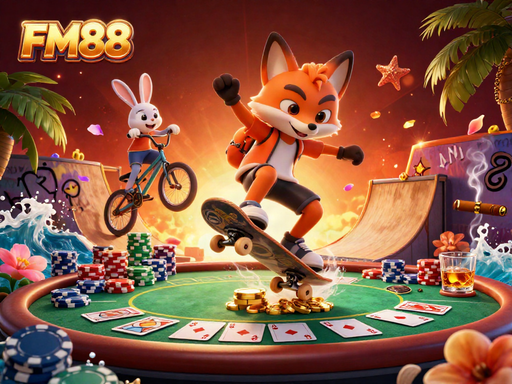 Experience the thrill of FM88 with a lively illustration of a fox and rabbit in a casino scene.