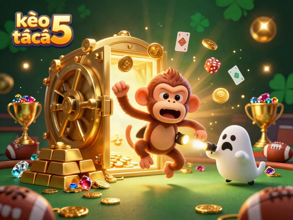 Experience dynamic sports betting action with kèo nhà cái 5 in a lively casino scene, showcasing a mischievous monkey and ghost-hunter puppy.