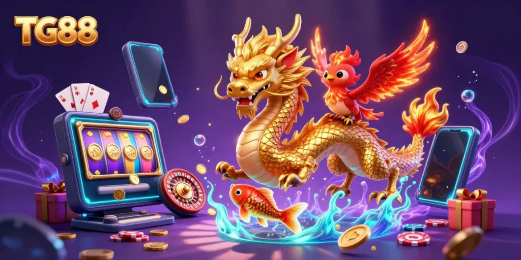 Witness the TG88 experience with a golden dragon and lucky koi fish among vibrant casino elements.