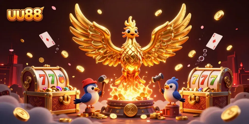 Experience thrilling slots action with uu88's vibrant golden phoenix and treasure-filled scene.