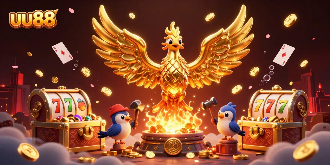 Experience thrilling slots action with uu88's vibrant golden phoenix and treasure-filled scene.
