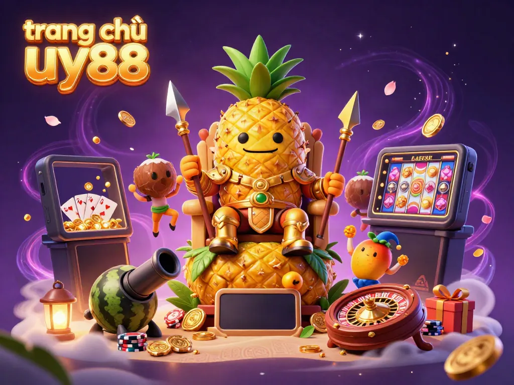 Engage with the captivating gaming scene of trang chủ uy88 featuring the golden pineapple king and colorful casino elements.